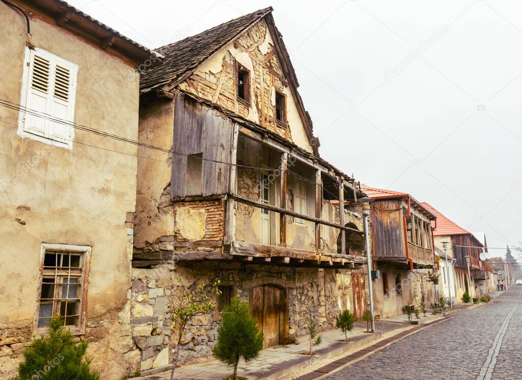 View to unique german style buildings in Bolnisi town in Southern Georgia.Undiscovered tourists sites and Katharinenfeld historical german culture remains.