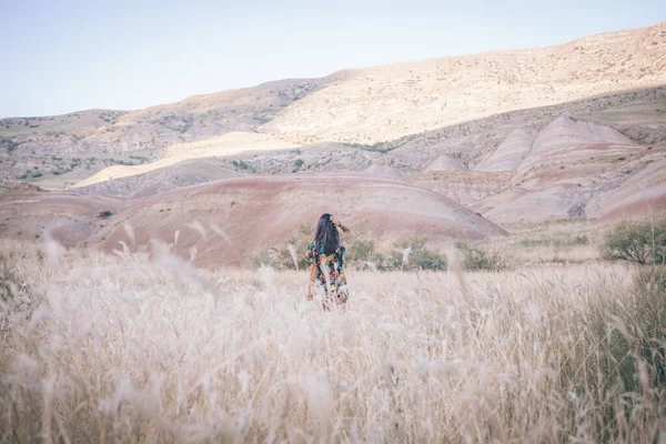 Brunette Vrouw Loopt Ingediend Afstand Richting Van Prachtige Kleurrijke Canyon — Stockfoto