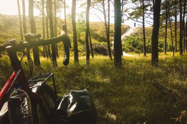 Çimenli bir alanda duran bisiklet ve arka planda duran insan. Curonian tükürük bisiklet rotası ve boş zaman aktivitesi