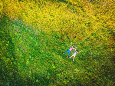 Üst düzey bir çift açık havada yeşil yaz tarlasında mutlu bir şekilde uzanıyorlar. Sağlık ve özgürlük kavramı