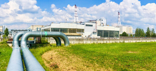 Panoramic view to Ignalina nuclear power planet zone with green nature around, Lithuania