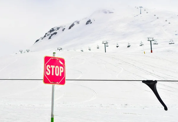 Red Stop Post Sign Ski Resort Mountains Panorama Ski Holiday — Stock Photo, Image