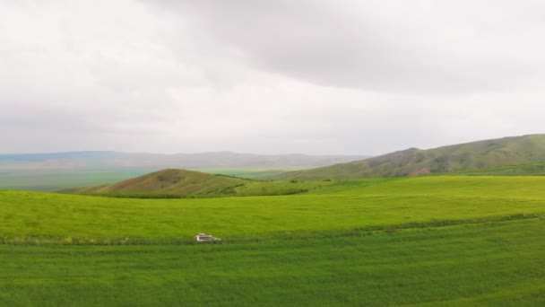 Sinematik Hava Manzaralı Görüntüleri Gri 4X4 Araç Yeşil Tarlalarla Çevrili — Stok video