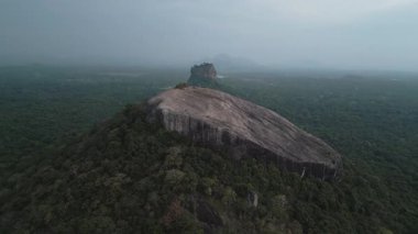 Büyüleyici hava manzarası Pidurangala Kayası Sri Lanka Kültür Üçgeni 'ndeki yemyeşil ormanın üzerinde yükseliyor.
