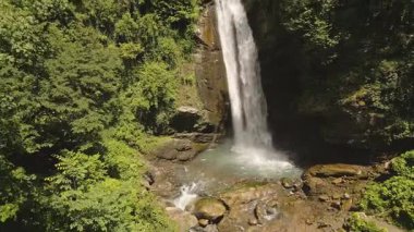 Ninoskhevi Şelalesi 'nin havadan görünüşü yemyeşil ormandan geçerek Lagodekhi Korunaklı Bölgeler, Georgia' daki kayalık bir havuza dönüşüyor.