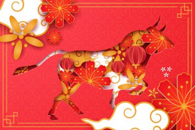 Kağıt kesimi sanat öküzü 2021 ay bayrağı için dekorasyon, Çince karakterlerdeki mutluluğu hoş karşıla, Premium Vektör.