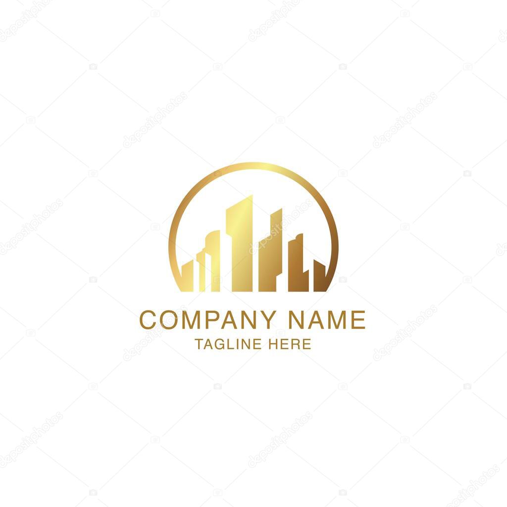 Vector logo concept for accounting or real estate company. Logo design with commercial building and chart bars. Business logo idea. luxury gold