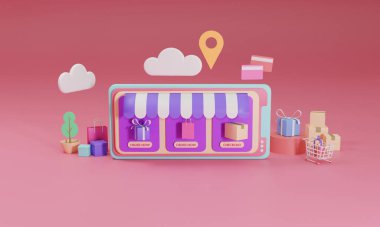 Akıllı telefonun mobil uygulamasında 3D düz çizim çevrimiçi alışveriş mağazası. Premium Fotoğraf