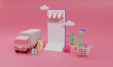 Mobil uygulama ve akıllı telefon kamyonunda 3D çizim çevrimiçi alışveriş mağazası. Birinci sınıf illüstrasyon