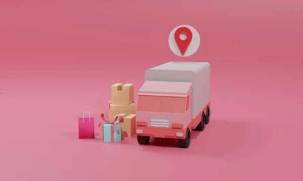 3D渲染平面插图在线购物商店在移动应用和卡车上 首例说明 — 图库照片