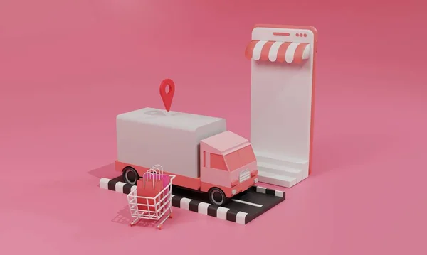 3D渲染平面插图在线购物商店关于手机的移动应用和卡车货运的智能手机 首例说明 — 图库照片