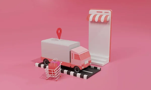 Representación Ilustración Plana Tienda Compras Línea Aplicación Móvil Transporte Carga — Foto de Stock