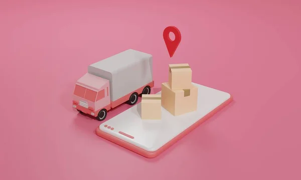 Rendering Flat Illustration Online Shopping Store Mobile Application Truck Cargo — Stock Photo, Image