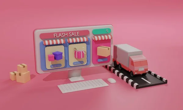 Ilustración Ilustración Plana Tienda Compras Línea Aplicación Móvil Transporte Carga —  Fotos de Stock