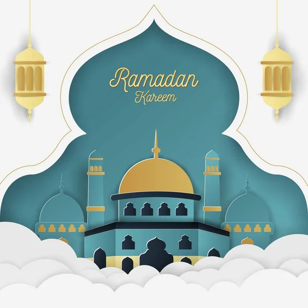 Ramadan Kareem Islamic Background White Tosca Gold Paper Cut Style — Stock Vector