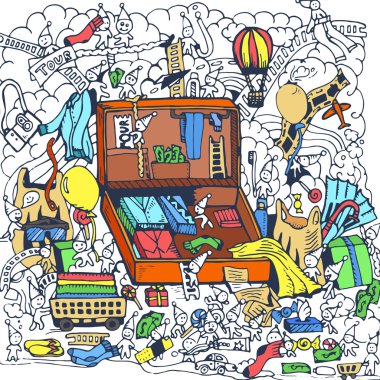 Hand draw travel backpack with clothing sketch background design. Vector illustration concept vector