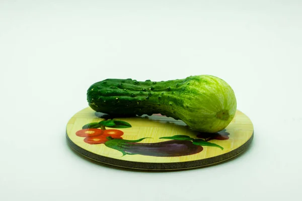 Deformed Green Pimpled Cucumber Lies Rustic Plate Natural Vegetable Good — Stock Photo, Image