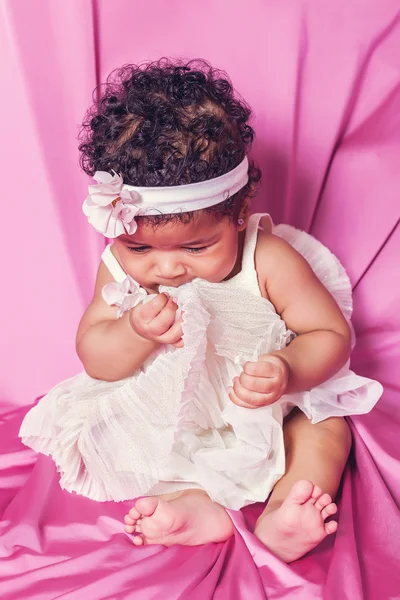 Lovely baby princess portrait wearing white floral dress — Stock Photo, Image