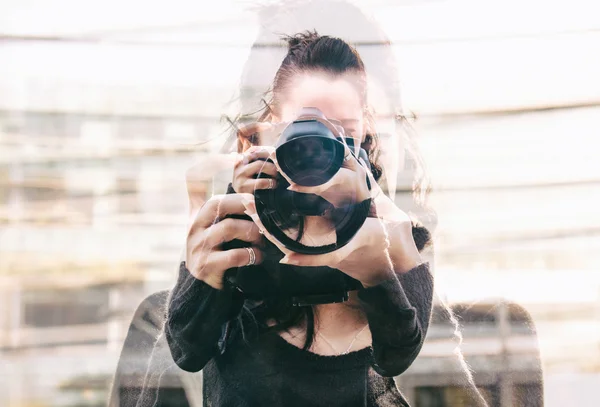 Double exposure of girl portrait taking photos — Stock Photo, Image