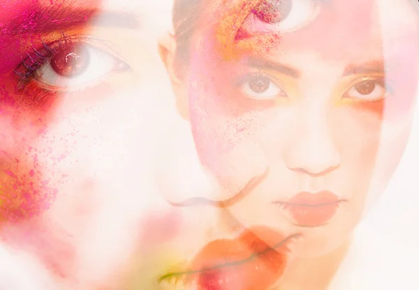 Double exposure of girl beauty portrait wearing colorful makeup — Stock Photo, Image