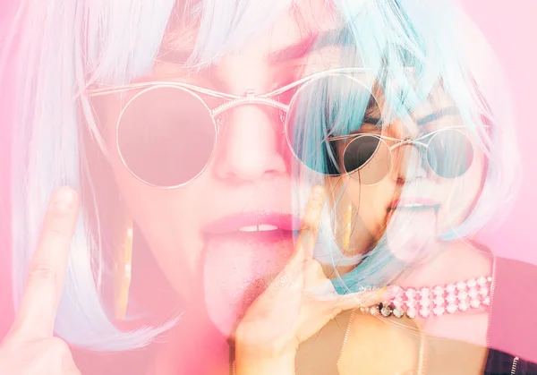 Double exposure of odd girl portrait making the horns — Stock Photo, Image