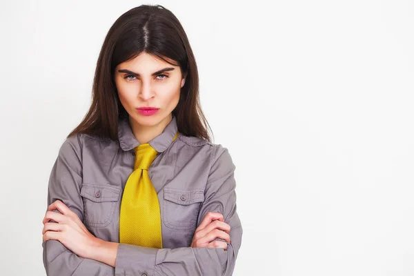 Angry woman portrait wearing shirt and necktie with arms crossed — Stock Photo, Image