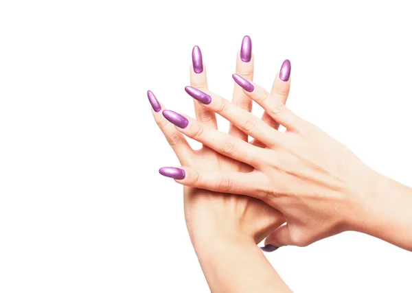 Woman hands wearing purple varnish 2 — Stock Photo, Image