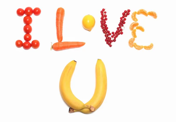 I love u, geschrieben mit Gemüse und Obst — Stockfoto