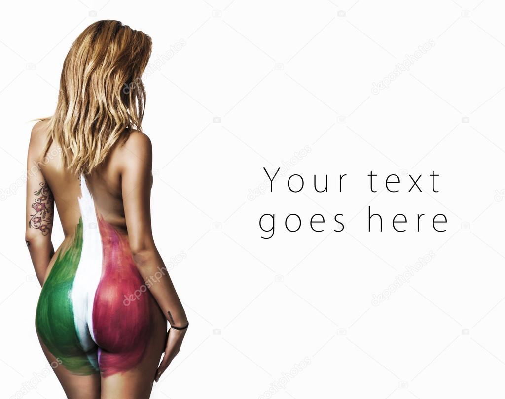 Italian girl with backside painted with italian colors card
