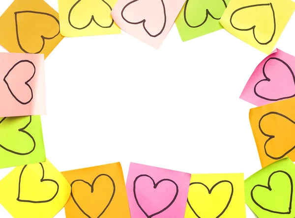 Post-it colorful frame with drawn hearts closeup — Stock Photo, Image