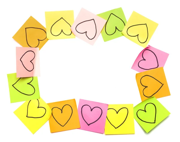 Post it renkli çerçeve çizilmiş yürekleri — Stok fotoğraf