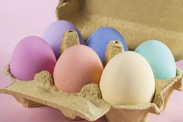 Colorful Easter eggs in egg carton closeup — Stock Photo, Image