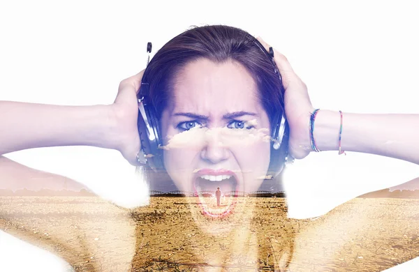 Double exposure of girl screaming and landscape — Stock Photo, Image