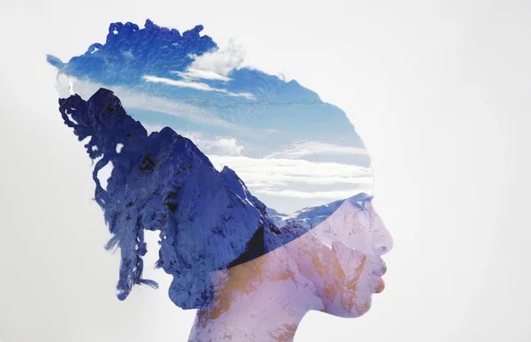 Double exposure of profile woman portrait and mountainscape — Stock Photo, Image
