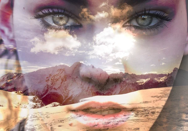 Double exposure of closeup girl portrait and mountainscape — Stock Photo, Image