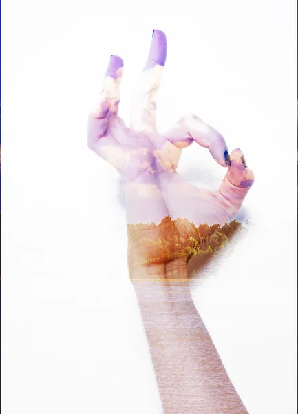 Double exposure of OK gesture and landscape — Stock Photo, Image