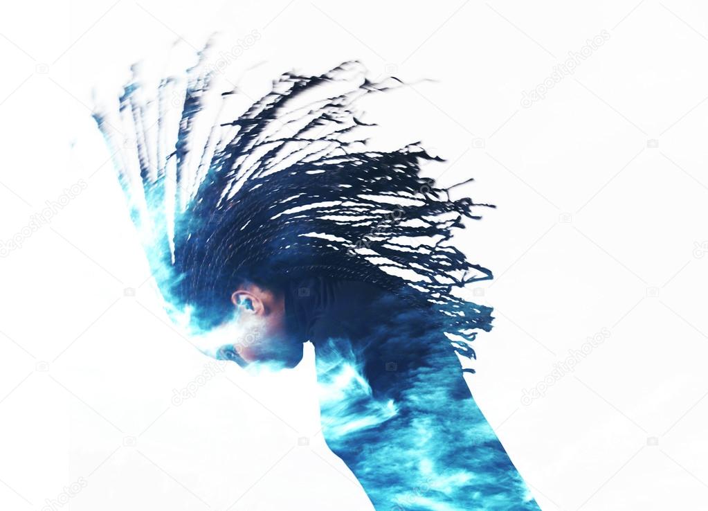 Double exposure of girl throwing braids and cloudscape