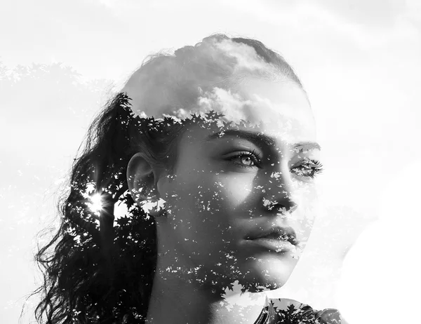Double exposure of beautiful girl and leaves black and white — Stock Photo, Image