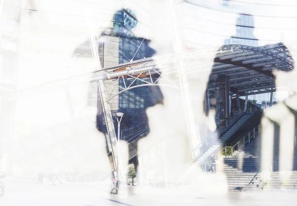 Double exposure of people walking down the street and cityscape — Stock Photo, Image