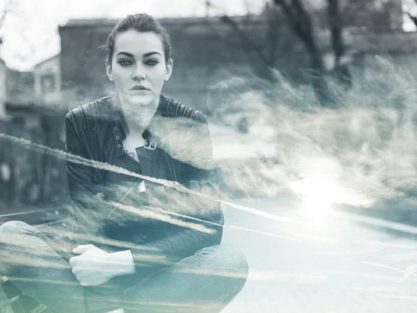 Double exposure of beautiful girl and clouds — Stock Photo, Image