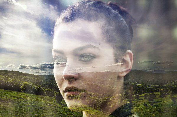 Double exposure of beautiful girl and colorful hill landscape