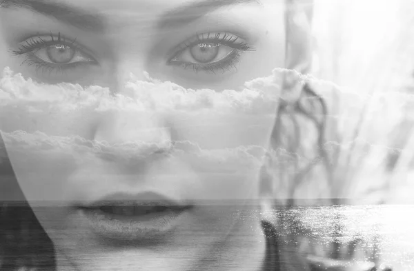 Double exposure of beautiful girl and seascape black and white — Stock Photo, Image