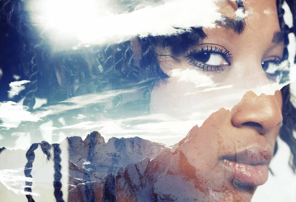 Double exposure of closeup girl portrait and mountainscape — Stock Photo, Image