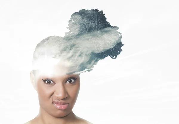 Double exposure of funny girl and clouds — Stock Photo, Image