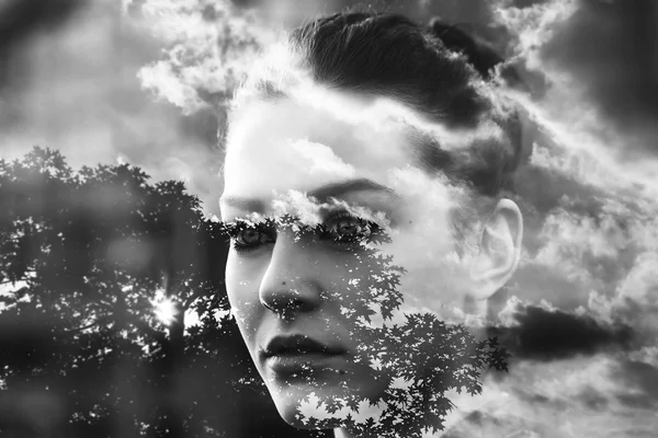 Double exposure of girl and clouds black and white — Stock Photo, Image