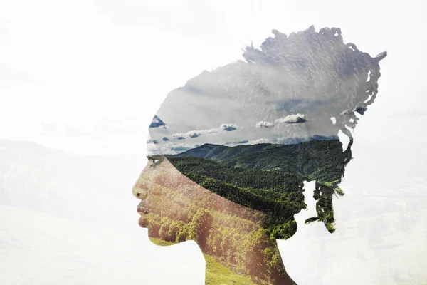 Double exposure of girl with braids and landscape — Stock Photo, Image