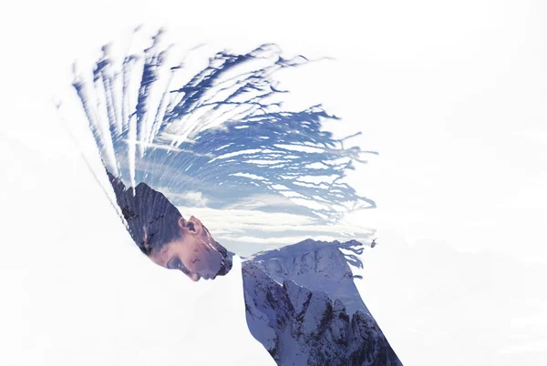 Double exposure of girl with braids and mountains — Stock Photo, Image