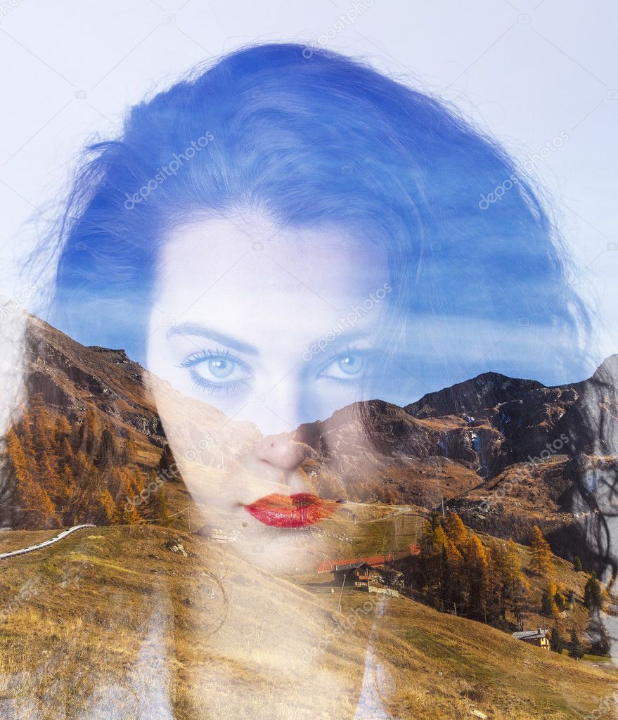 Double exposure of girl with gorgeous eyes and autumnal mountain
