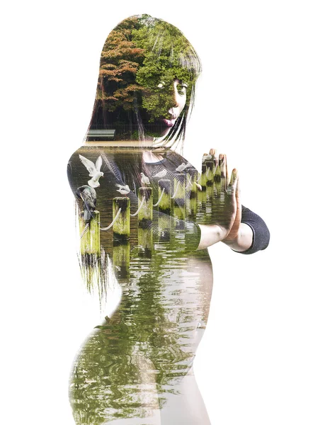 Double exposure of girl meditating and autumn landscape — Stock Photo, Image