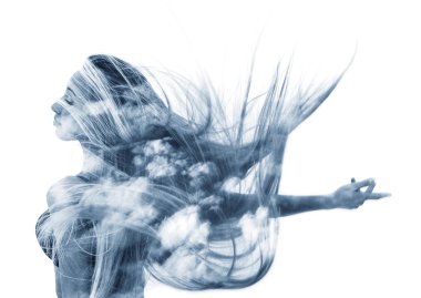 Double exposure of happy girl dancing and cloudscape clipart